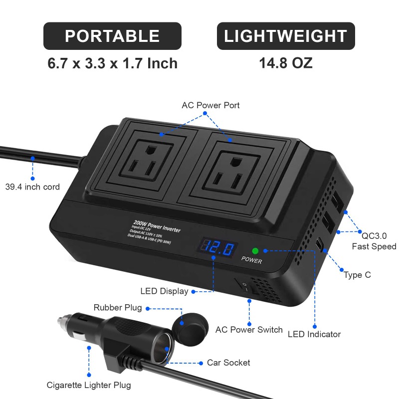 Inverter per Auto 200W, Adatta - Outdoor Power Adapter Usb C recensione e prezzo